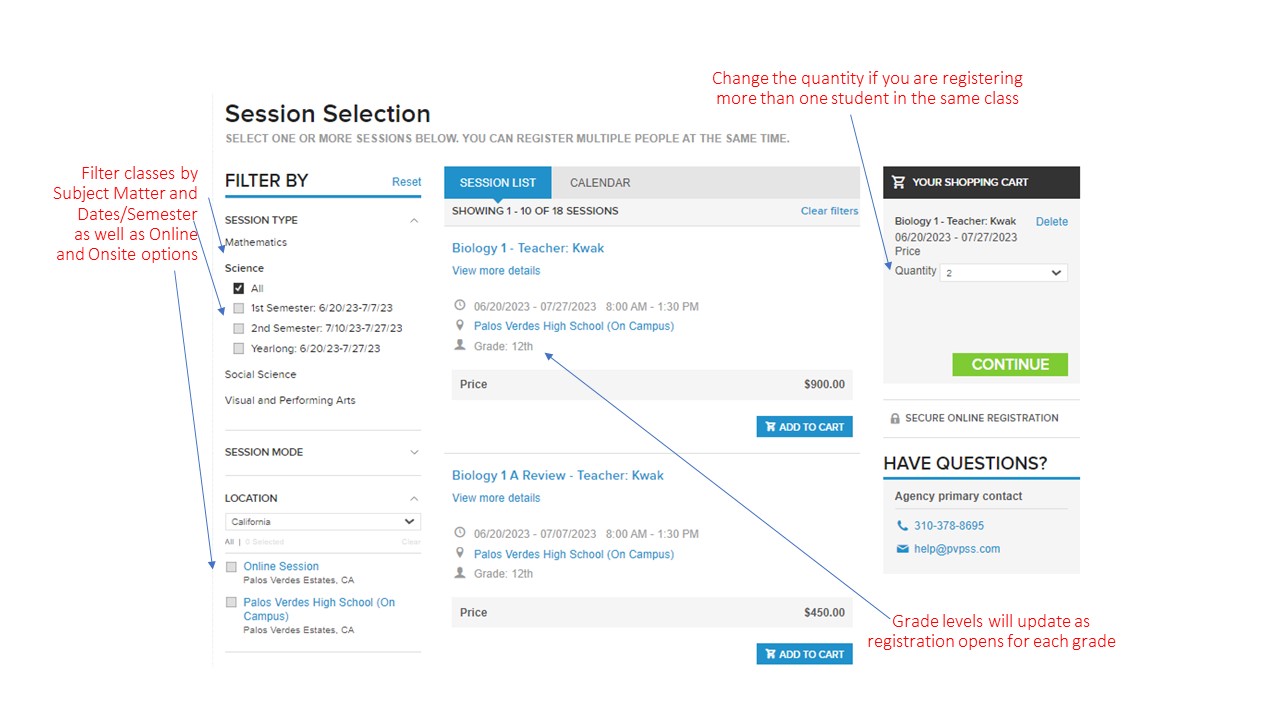 screen shot1 for HS Registration page - cart options