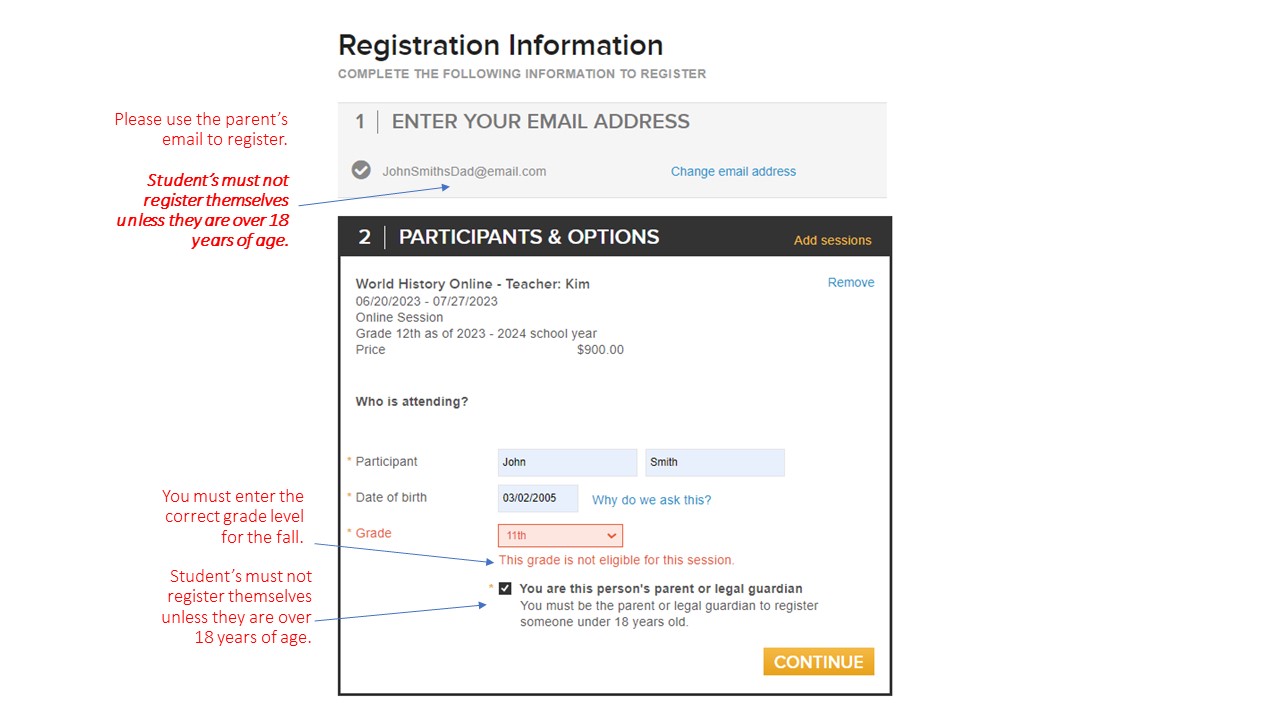 screen shot2 for HS Registration page-email and grade level